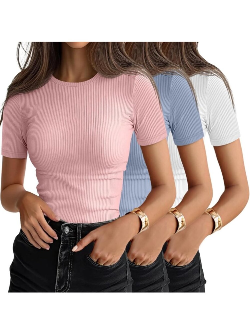 3 Pack Women's Ribbed Short Sleeve Tees - Soft, Stylish & Versatile Tops